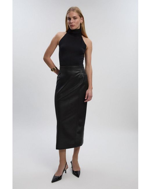 Karen Millen Black Petite Faux Leather Seam Waist Detail Pencil Midi Skirt