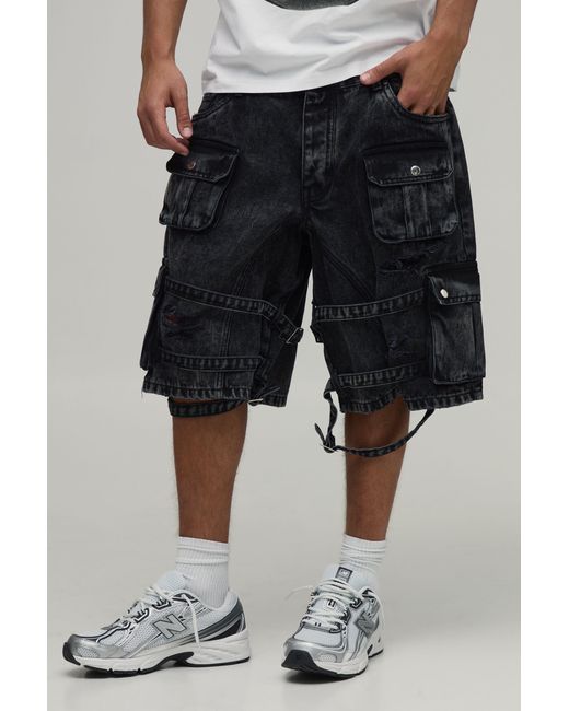 BoohooMAN Black Parachute Extreme Washed Multi Cargo Ripped Shorts for men