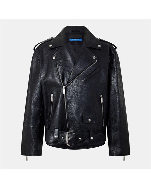 Off-White c/o Virgil Abloh Blue Off Solid Patterned Lapel Collared Bike Jacket for men