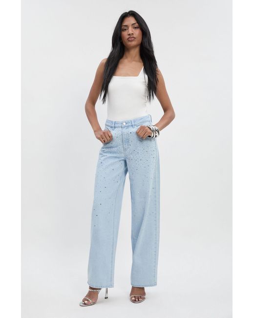 Boohoo Blue Embellished High Waist Straight Leg Jean
