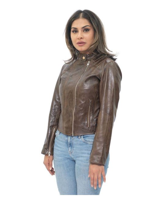 Infinity Leather Brown Biker Jacket-Celaya
