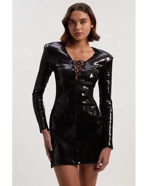 Karen Millen Black Sequin Power Mesh Lace Up Mini Dress