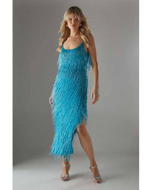 Warehouse Blue Hand Embellished Sequin Tassel Midi Dress