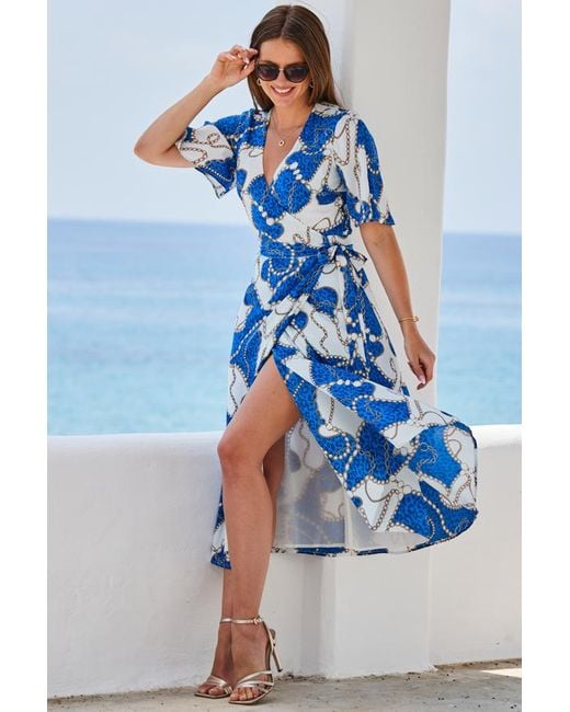 Sosandar Blue Ivory Chain Print Kimono Sleeve Wrap Dress