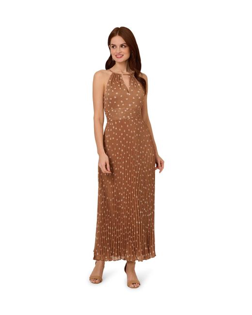 Adrianna Papell Brown Print Pleat Ankle Dress