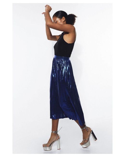 Warehouse Blue Metallic Lame Pleated Midi Skirt