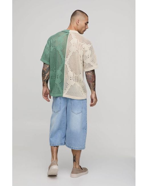 BoohooMAN Green Relaxed Fit Open Stitch Spliced Crochet Knitted Shirt for men