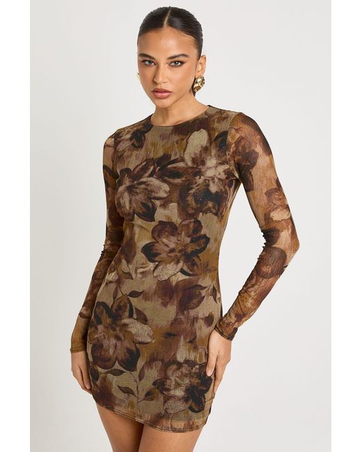 Boohoo Brown Printed Glitter Mesh Mini Dress