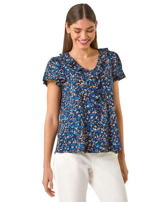 Roman Blue Printed Ruffle V-Neck Stretch Top