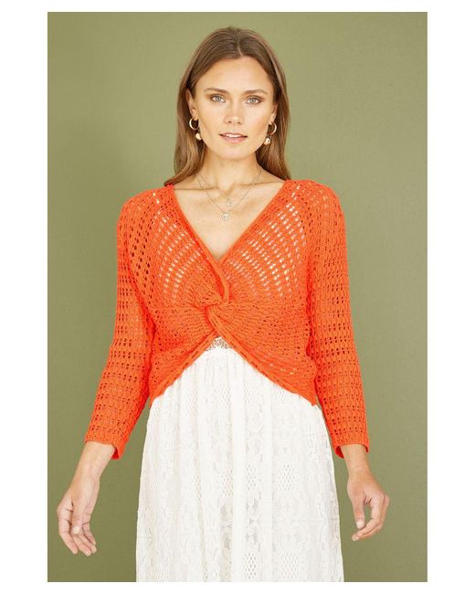 Yumi' Orange Cotton Crochet Twisted Bolero Top