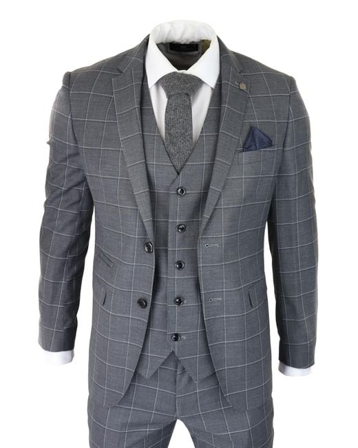 Paul Andrew Blue Suit 3 Piece Check Vintage Retro Smart Wedding Classic Tailored Fit for men