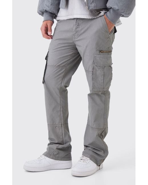 BoohooMAN Gray Slim Flare Zip Gusset Overdye Acid Wash Cargo Trousers for men