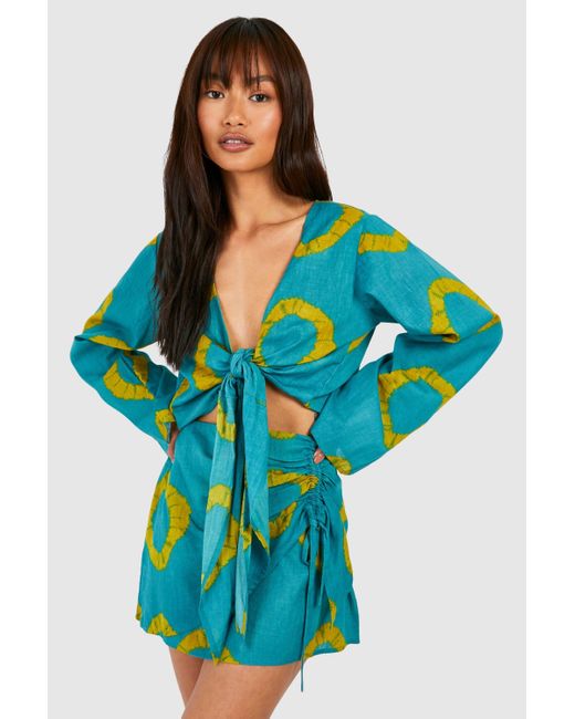 Boohoo Blue Tie Dye Ruched Mini Skirt