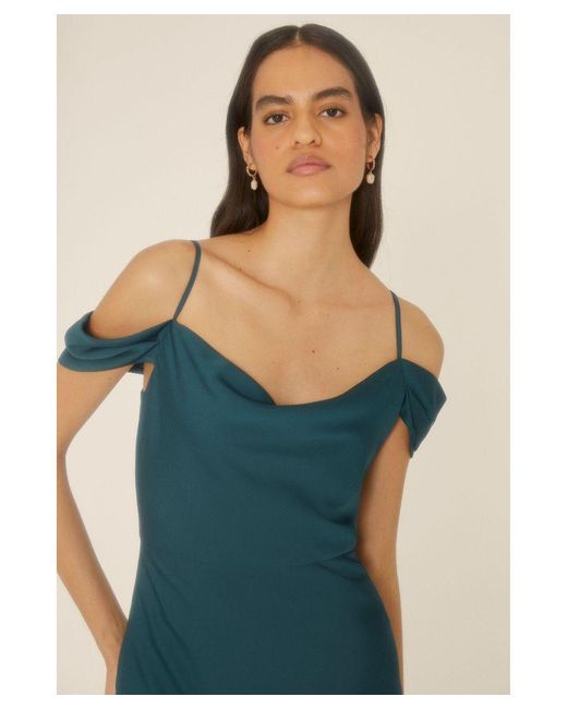 Oasis Blue Petite Cowl Cold Shoulder Satin Midaxi Bridesmaids Dress