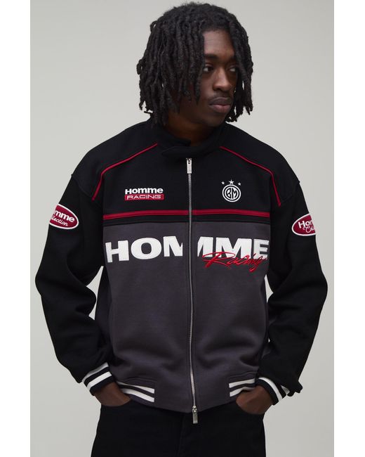 BoohooMAN Black Boxy Fit Biker Neck Colour Block Moto Jersey Jacket for men
