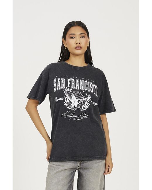 Brave Soul Black Acid Wash Oversized Graphic T-Shirt