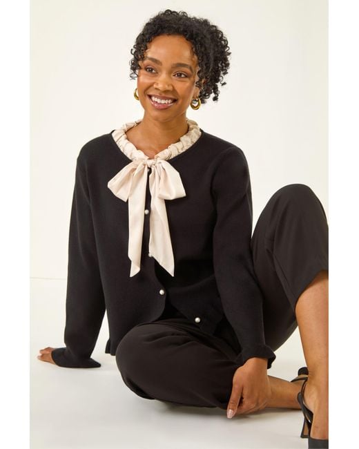 Roman Black Petite Tie Neck Frill Hem Cardigan