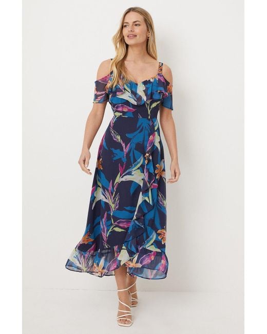 Wallis Blue Petite Palm Print Glitter Cold Shoulder Midi Dress