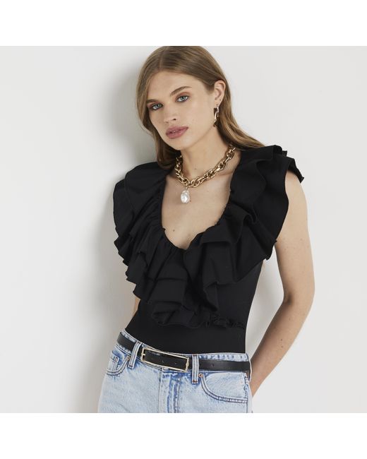 River Island Black Bodysuit Frill Detail Wrap