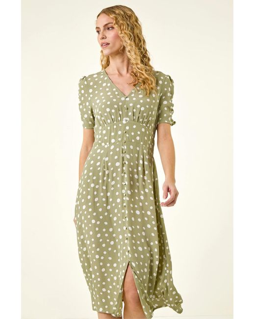 Roman Green Polka Dot Ruched Sleeve Midi Dress