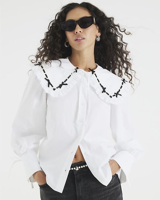 River Island White Poplin Shirt Collared Bow Trim Cotton