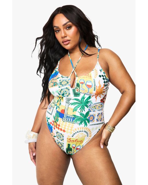 Boohoo Blue Plus Postcard Print Tie Front Bathing Suit