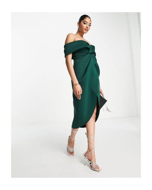 ASOS Green Off Shoulder Twist Front Midi Dress
