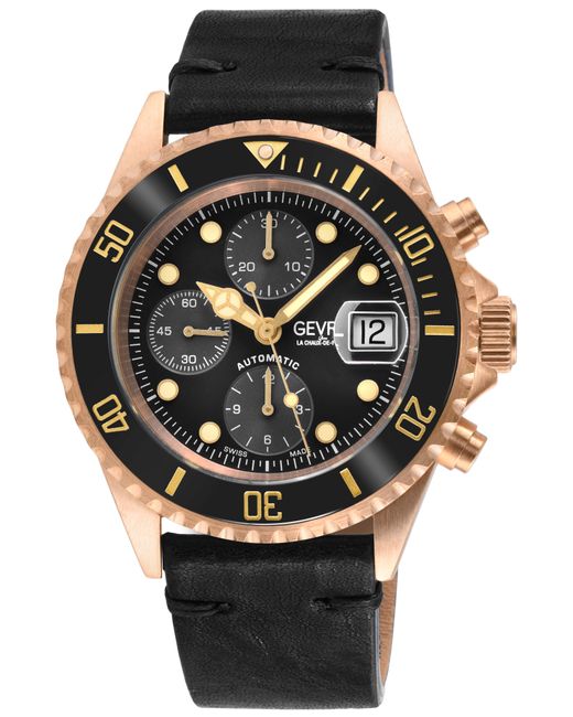 Gevril Black Wall Street Swiss Automatic Eta 7750 Ceramic Bezel, Genuine Handmade Italian Leather Watch for men
