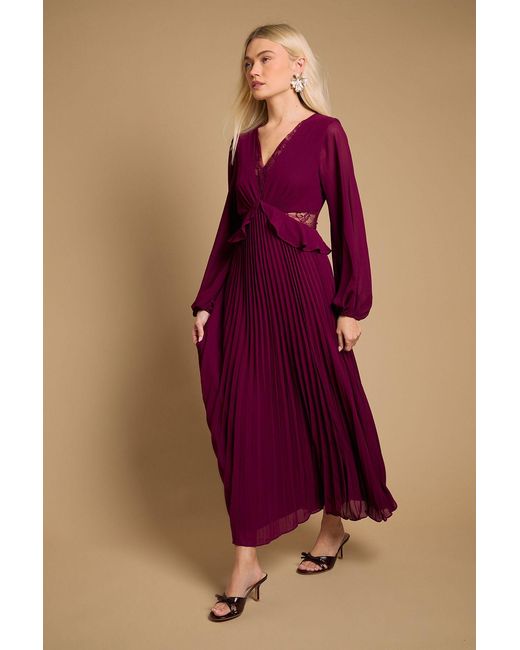 Oasis Purple Lace Insert V Neck Pleated Midi Dress