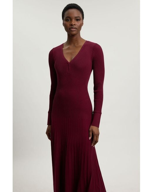 Karen Millen Red Knit Pointelle Stitch Detail Midi Dress