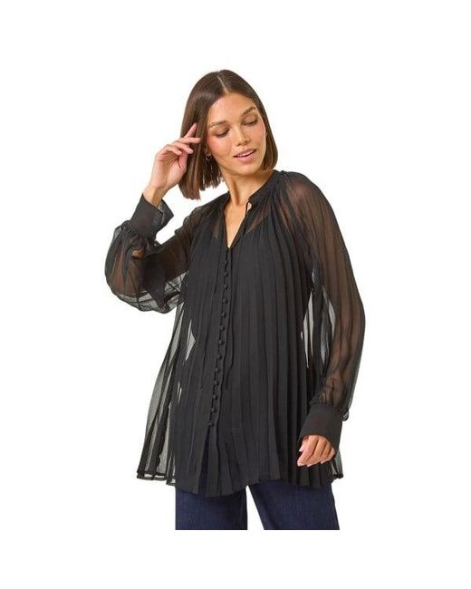 Roman Black Tie V-Neck Pleated Blouse