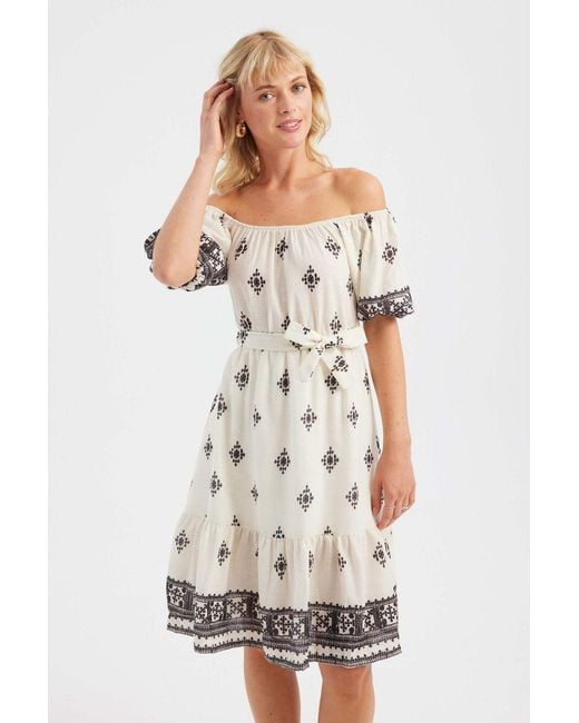 Hiccup White Printed Off Shoulder Midi Dress