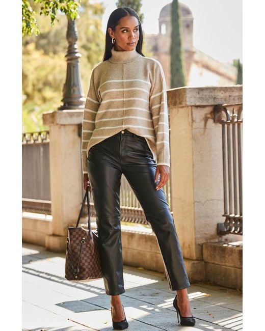 Sosandar Natural Taupe & Stripe Roll Neck Jumper
