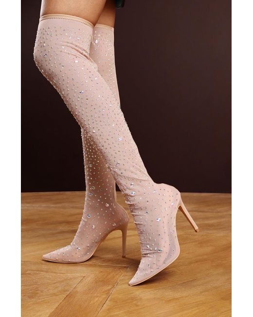 Where's That From Brown Wheres 'Korra' Over The Knee Mesh Stiletto Heel Boots With Diamante Embellishment