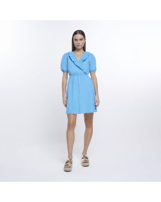 River Island Blue Wrap Mini Dress Puff Sleeve Cotton