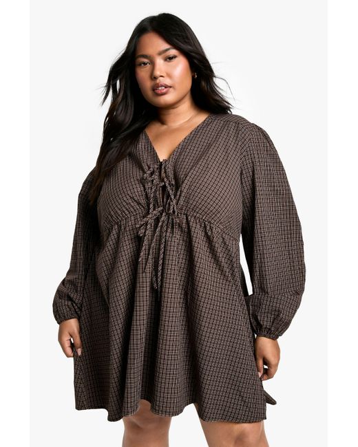 Boohoo Brown Plus Flannel Tie Front Smock Dress