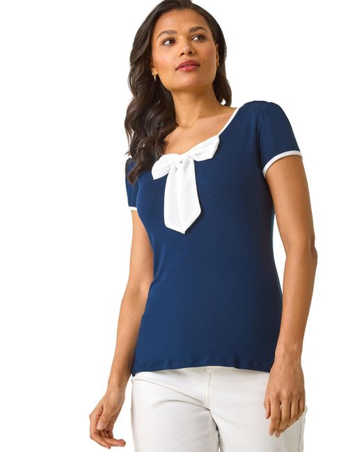Roman Blue Bow Front Stretch Top