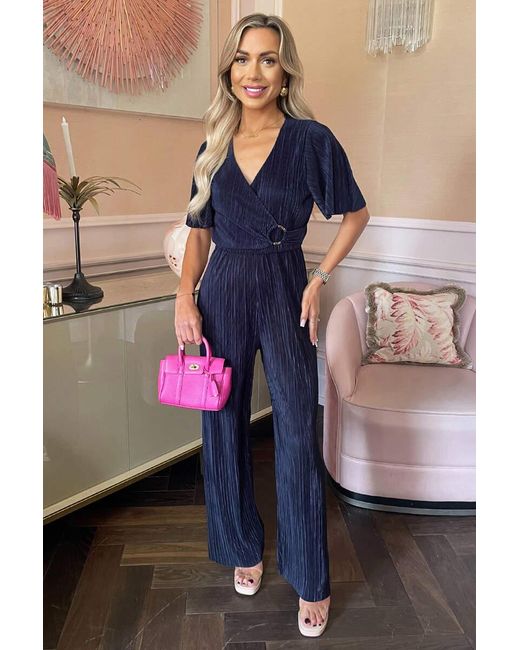 AX Paris Blue Wrap Top Short Sleeve Plisse Jumpsuit