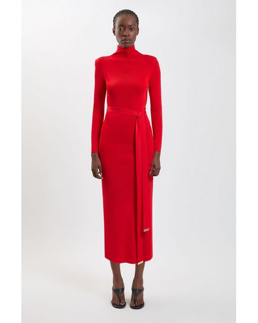 Karen Millen Red Slinky Drape Knit Power Shoulder Funnel Dress