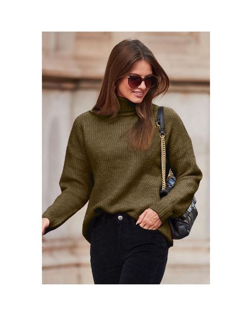 Sosandar Brown Khaki Chevron Roll Neck Ribbed Jumper