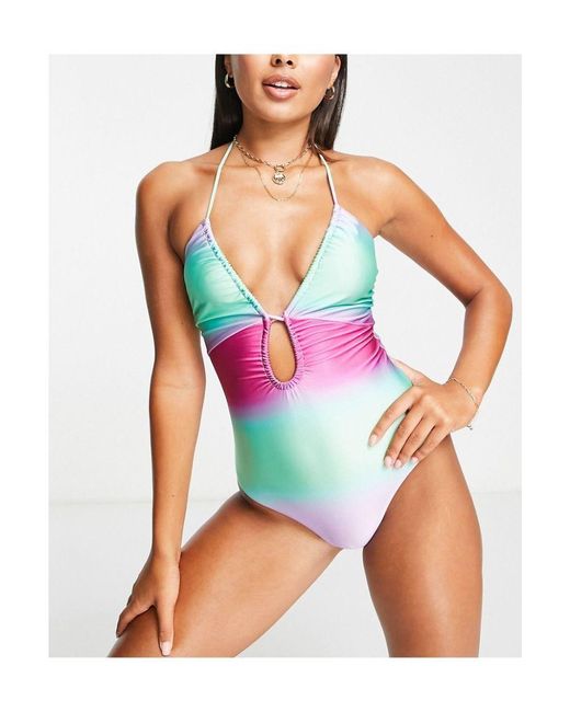 ASOS Blue Keyhole Ruched Front Swimsuit