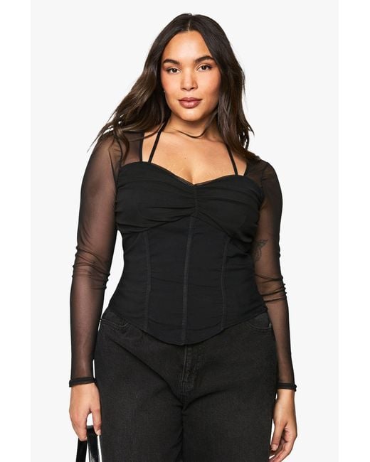 Boohoo Black Plus Bengaline Mesh Sleeve Corset Top