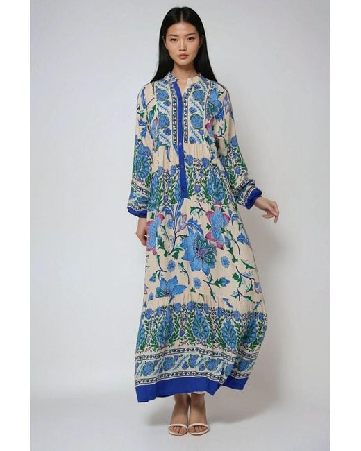 Hiccup Blue Patterned Maxi Dress With Shirt Collar