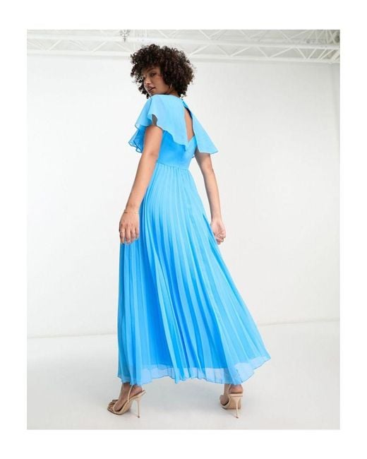 ASOS Blue Design Angel Cape Sleeve Pleated Hem Maxi Dress