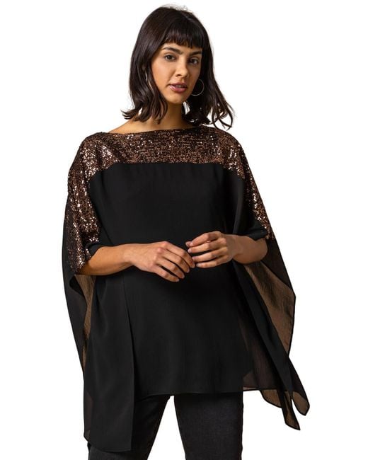 Roman Black Sequin Embellished Chiffon Overlay Top