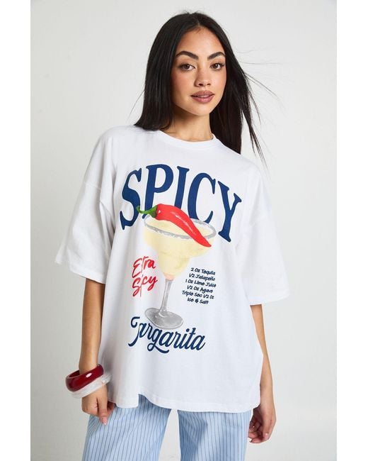 Boohoo White Spicy Margarita Front Print Oversized Tshirt