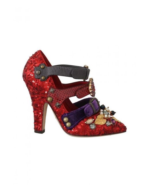 Dolce & Gabbana Red Sequined Crystal Studs Heels Shoes Cotton