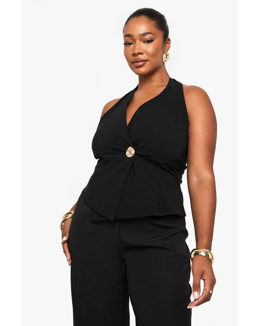 Boohoo Black Plus Halter Wrap Front Button Waistcoat