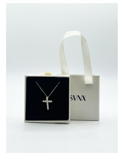 SVNX White Diamante Cross Necklace