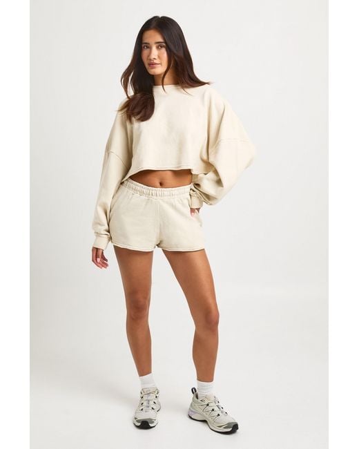 Boohoo Natural Washed Distressed Hem Boxy Crop Sweatshirt Short Tracksuit